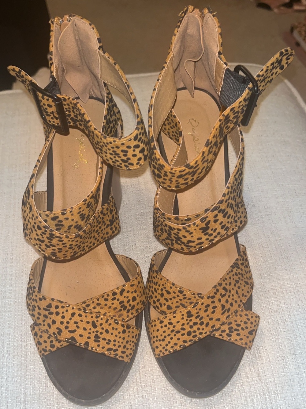 Women's Leopard Print Strappy Wedge Sandals - Tan/Black